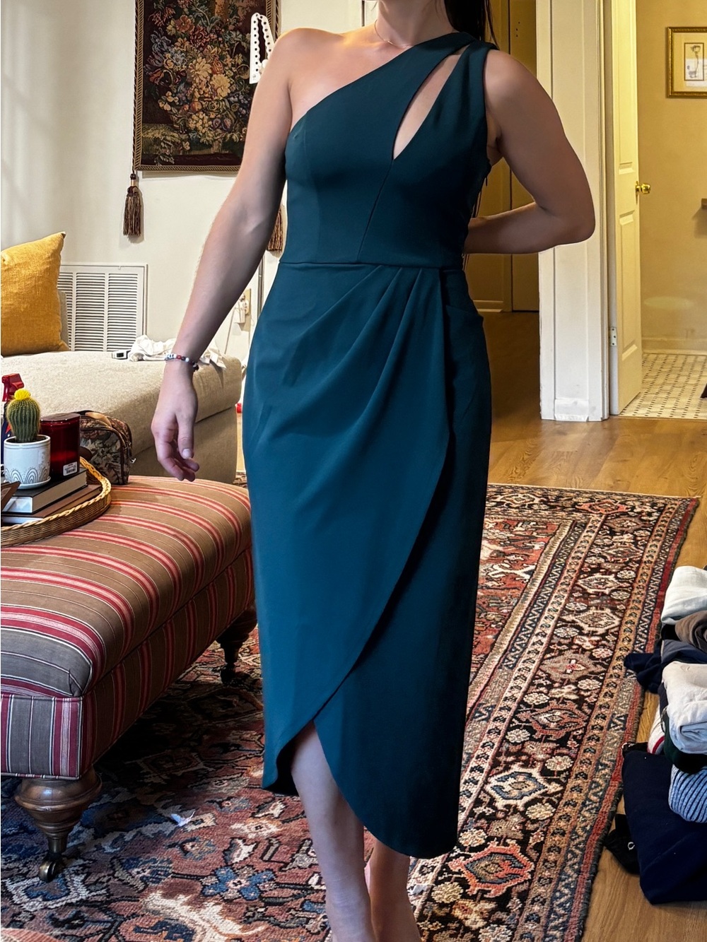Lulus NWT Dark Teal One Shoulder Cutout Wrap Midi Dress M